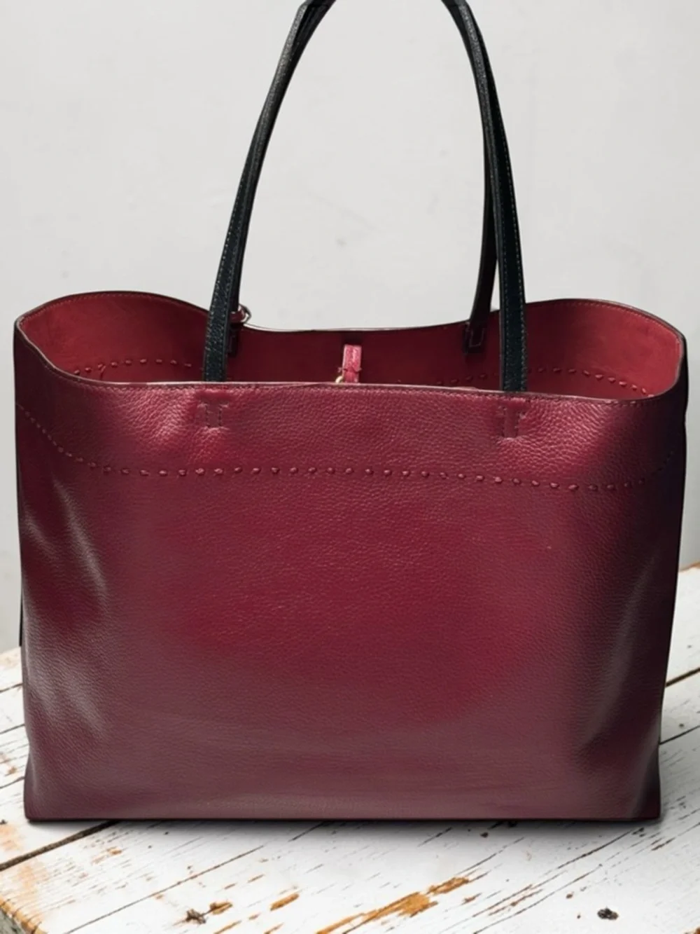 Tory Burch McGraw Leather Tote- Wine Red with Black Handles - Picture 2 of 15